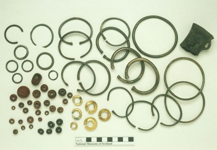 The Balmashanner hoard containing bronze, amber and gold objects