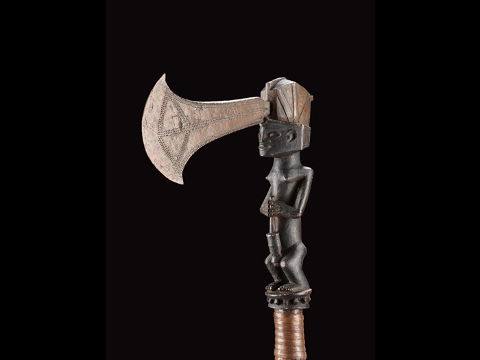 Ceremonial axe with copper blade, wooden shaft carved in the form of a woman pounding grain and grip bound in copper ribbon: Central Africa, Democratic Republic of the Congo, Katanga, late 19th century
