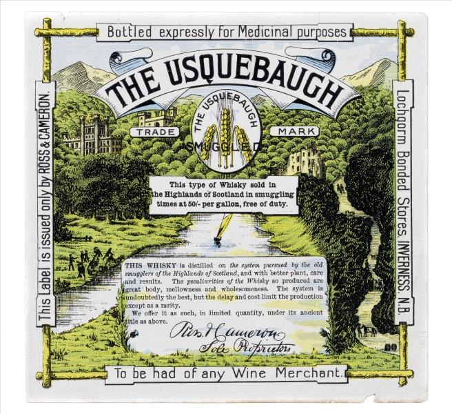 Whisky label with a mostly green and black illustration of a landscape for The Usquebaugh