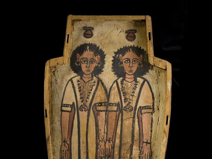 Base of a coffin made for two children named Petamūn, son of Tarennute, and Penhōrpabik, son of Amenōpe : Ancient Egyptian, Upper Egypt, Thebes, late Roman Period, c.175-200 AD.