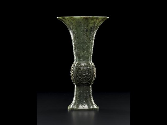 Dark green jade vase carved in the form of an ancient bronze vase: China, mid 19th century.