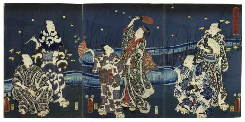 Colour woodblock triptych print entitled Mitate hotaru-gari yako tama-zoroi (Imagined Scene of Chasing Fireflies in the Evening Light), depicting six kabuki actors beside a river in the evening chasing fireflies: Japan, by Utagawa Kunisada, 1855.