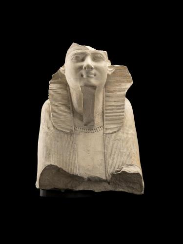 Limestone sphinx showing King Ahmose wearing the nemes headdress: Ancient Egyptian, Upper Egypt, Abydos, Temple of Osiris, New Kingdom, early 18th Dynasty, reign of Ahmose, c. 1550-1525 BC.