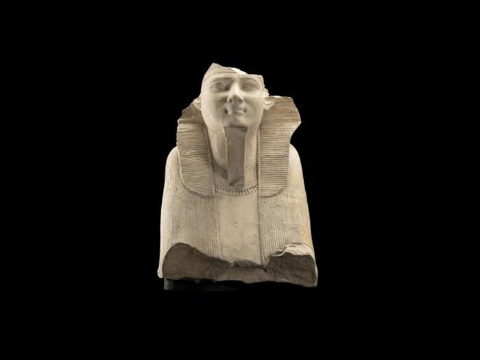 Limestone sphinx showing King Ahmose wearing the nemes headdress: Ancient Egyptian, Upper Egypt, Abydos, Temple of Osiris, New Kingdom, early 18th Dynasty, reign of Ahmose, c. 1550-1525 BC.