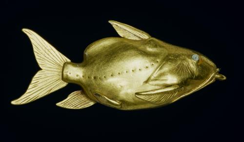 Gold pendant of an upside-down catfish: Ancient Egyptian, Middle Egypt, Haraga, excavated by Petrie in Tomb 72 in Cemetery A, Late Middle Kingdom, 12th Dynasty, c.1862-1750 BC.