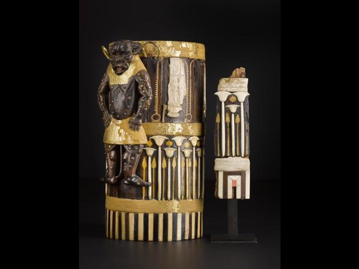 Cedar wood box with ebony veneers and ivory inlays and gilding depicting the god Bes and bearing the cartouches of Amenhotep II: Ancient Egyptian, New Kingdom, 18th Dynasty, c.1550-1295 BC.