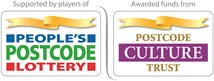 Logo of People's Postcode Lottery. Two squares side by side, each with a yellow ribbon at the top. Left reads 'People's Postcode Lottery', right reads 'Postcode Culture Trust'.