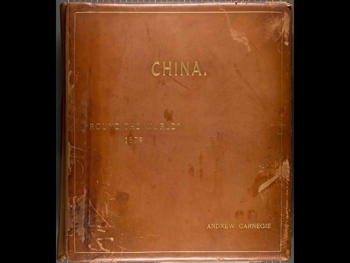 Cover of one of Andrew Carnegie’s travel albums. Courtesy of the Andrew Carnegie Birthplace Museum.