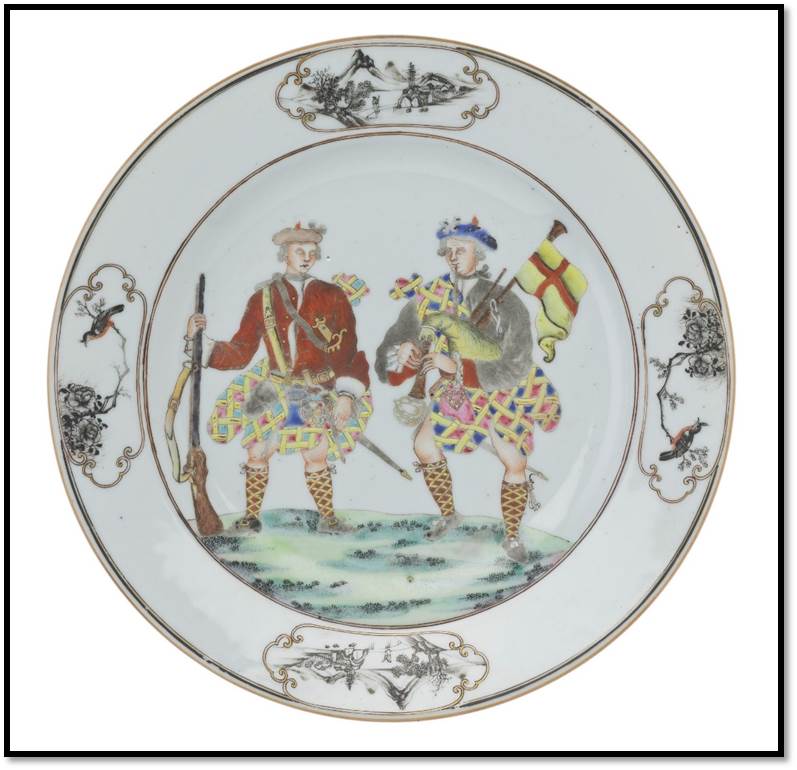 Soup plate for export to South East Asia, by J. &M.P Bell, Glasgow, c.1889. J. & M. P. Bell were the biggest producers of pottery in Scotland. They exported vast amounts of transfer printed plates to South East Asia, adapting the designs and even the pattern names to appeal to local people. The name of this particular pattern 'Buah Nanas,' meaning pineapple, is written on the back of the plate in Malay script. The design is framed by the Islamic motif of a crescent moon. NMS A.1924.485.