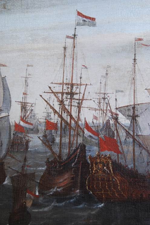 Detail of the painting Ships calling at the port of Veere in 1651 by Philip van Macheren. The detail of this 17the century painting is showing the Ship of war Saint Andrews wearing a Scottish maritime flag next to it a Dutch whaling ship. (Zeeuws Archief, GV150)     