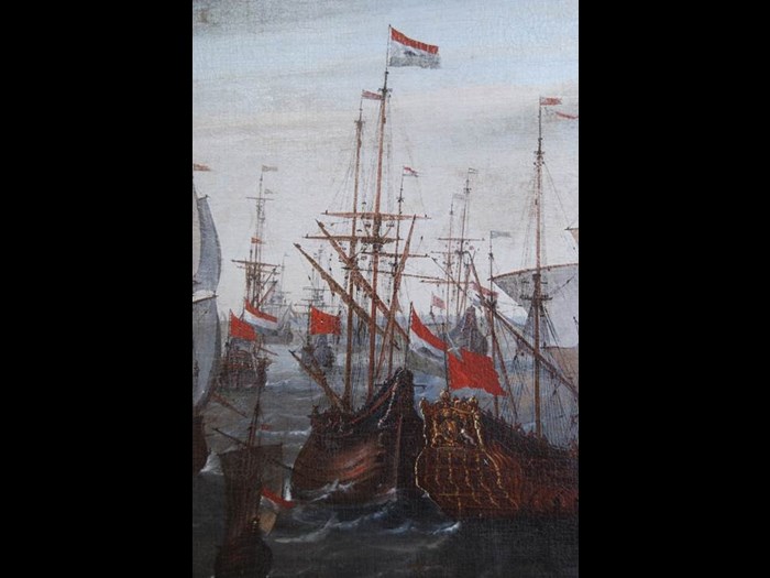 Detail of the painting Ships calling at the port of Veere in 1651 by Philip van Macheren. The detail of this 17the century painting is showing the Ship of war Saint Andrews wearing a Scottish maritime flag next to it a Dutch whaling ship. (Zeeuws Archief, GV150)     