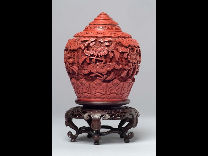 Chinese Carved Cinnabar Lacquer Jar and Cover on Stand. Qing Dynasty, 18th-19th Century. James Cromar Watt bequest, 1941. © Aberdeen City Council (Art Gallery and Museums Collections)