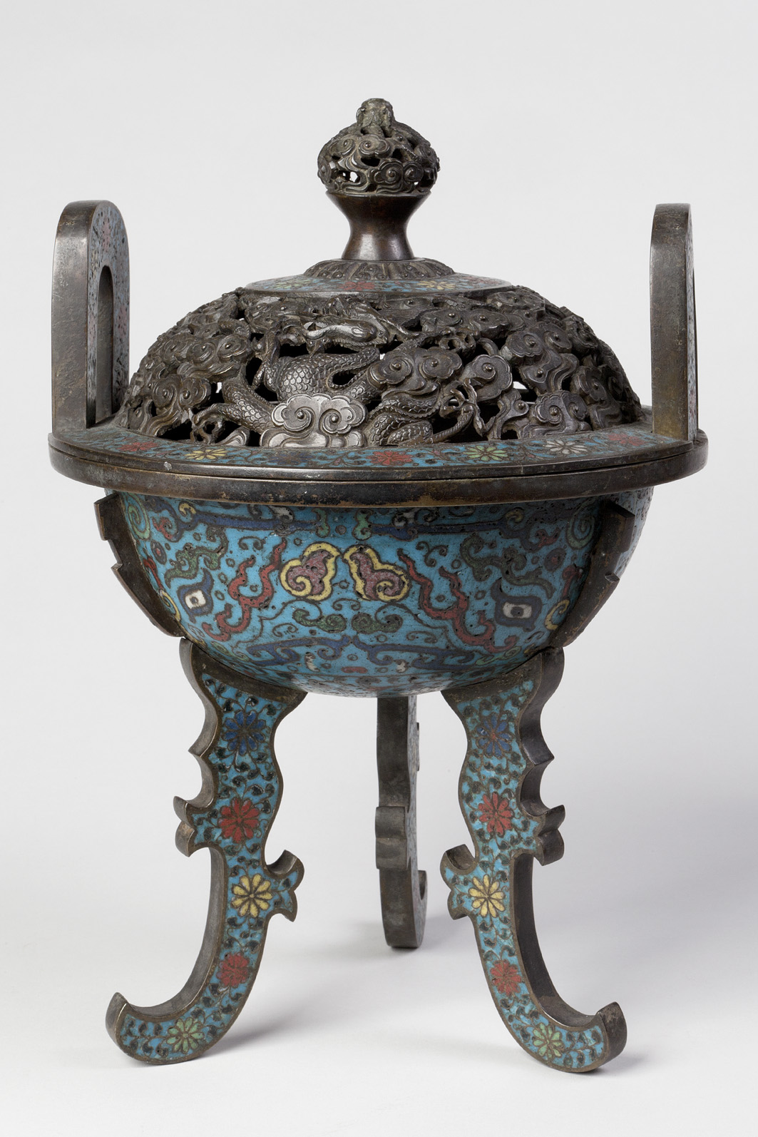 Chinese Cloisonné Enamel Tripod Censer with Pierced Cover. Qing Dynasty, Qianlong Period, 1736-1796. James Cromar Watt bequest, 1941. © Aberdeen City Council (Art Gallery and Museums Collections)