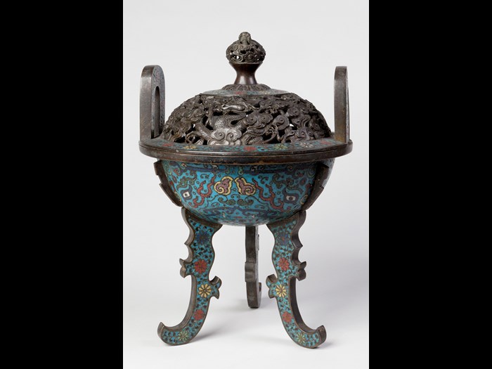 Chinese Cloisonné Enamel Tripod Censer with Pierced Cover. Qing Dynasty, Qianlong Period, 1736-1796. James Cromar Watt bequest, 1941. © Aberdeen City Council (Art Gallery and Museums Collections)