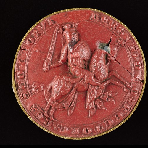 Red wax seal depicting a man, Robert Bruce, on a charging warhorse holding up a sword.