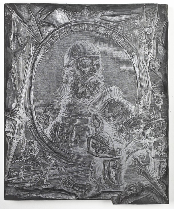 Grey and white woodblock with central armoured and bearded figure of Robert the Bruce, surrounded by weapons.