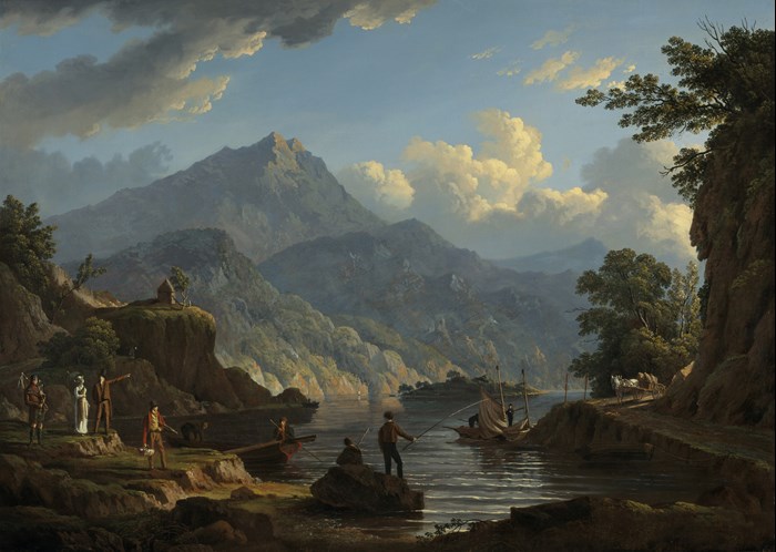 A landscape painting showing a group of people standing at the edge of a large loch, with mountains in the distance.