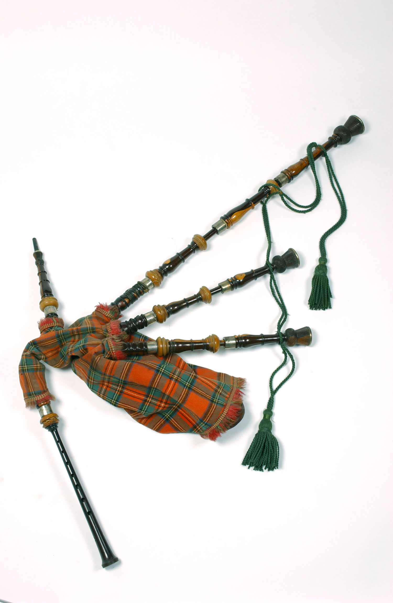 Set of Highland bagpipes of laburnum, silver and ivory mounted, with Royal Stewart tartan cover, Edinburgh c1850.