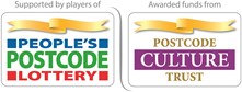 Logo of People's Postcode Lottery. A golden ribbon flies above three lines of blue, green and red text.