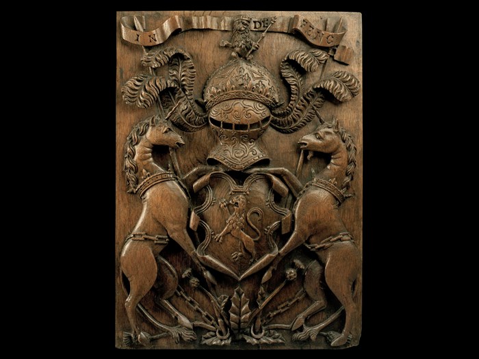 Panel of carved oak, bearing the Royal Arms of James V, from the Franciscan Nunnery Chapel in the Overgate, Dundee, possibly carved in Scotland, c. 1540 - 1550.