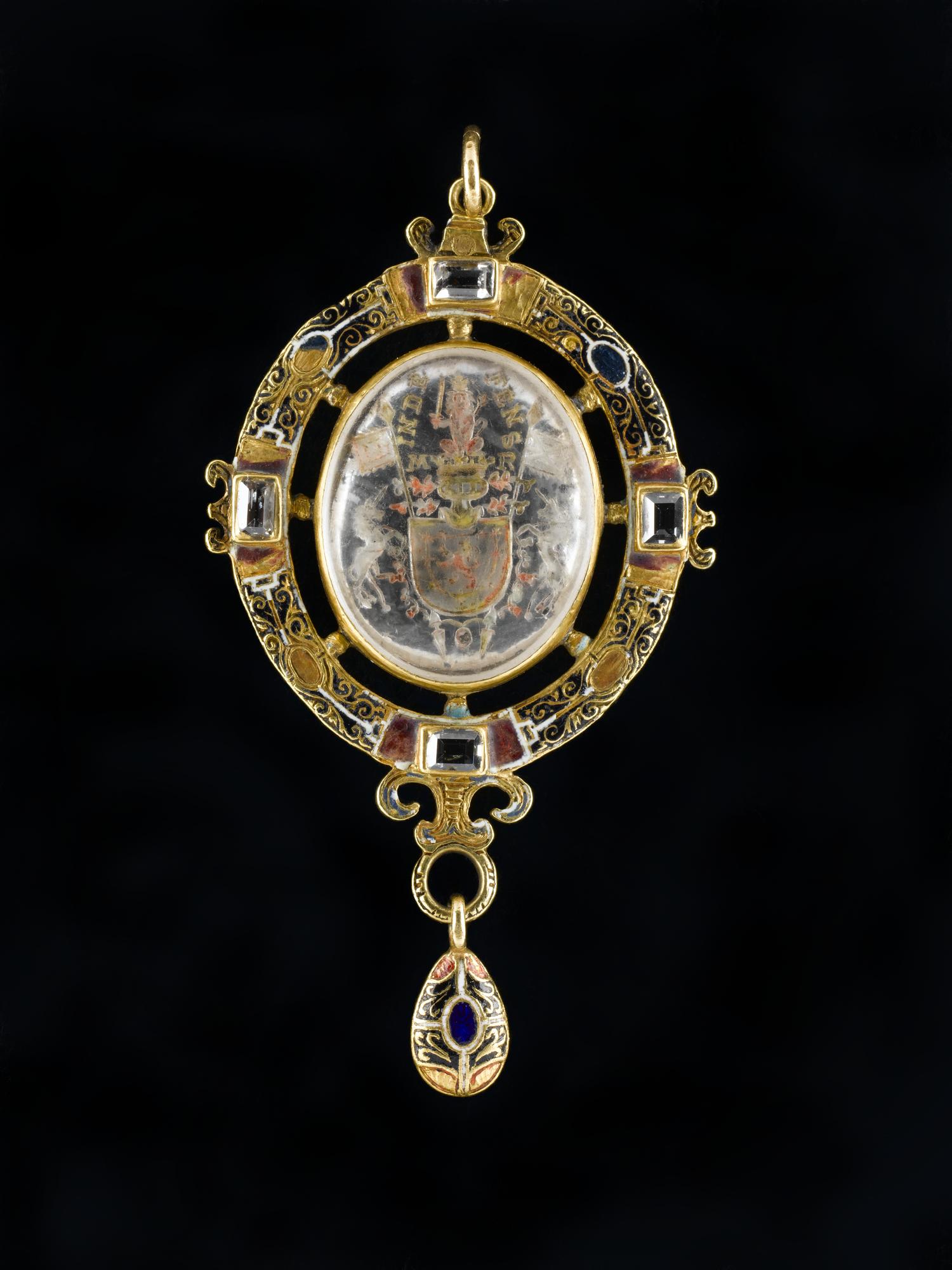 Renaissance gold pendant engraved with the arms of Mary, Queen of Scots, set within a crystal in colours, probably made by a French goldsmith, 1548 - 1558.