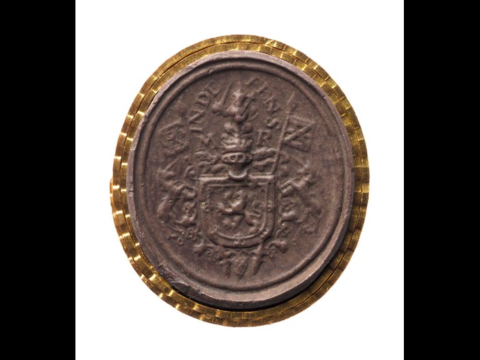 Brown sulphur cast of the Four Signet Seal of Mary, Queen of Scots, depicting the royal arms, c. 1567.