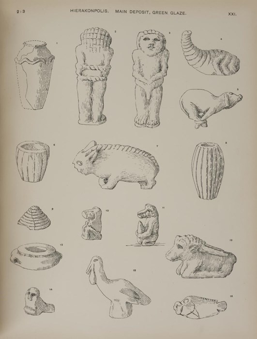 Pirie's drawings of objects found at Hierakonpolis, including a jar, figures and amulets.