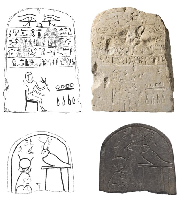 Drawings made by Pirie of stelae excavated at Hierkonpolis now in the collection of National Museums Scotland.