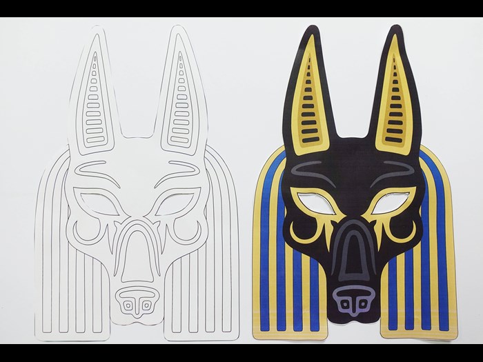 Colour in and keep a jackal mask.  Based on the Egyptian god, Anubis, the god of mummification, jackal masks were sometimes worn by priests when carrying out the mummification process in order to act as a stand in for Anubis.