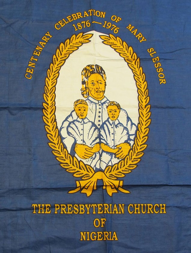Cotton cloth commissioned by the Presbyterian Church of Nigeria to commemorate the centenary of the arrival of Scottish missionary Mary Slessor in Calabar: Africa, West Africa, Nigeria, 1976. The figures represent Mary and the local twin children whose treatment and civil rights she worked to improve.