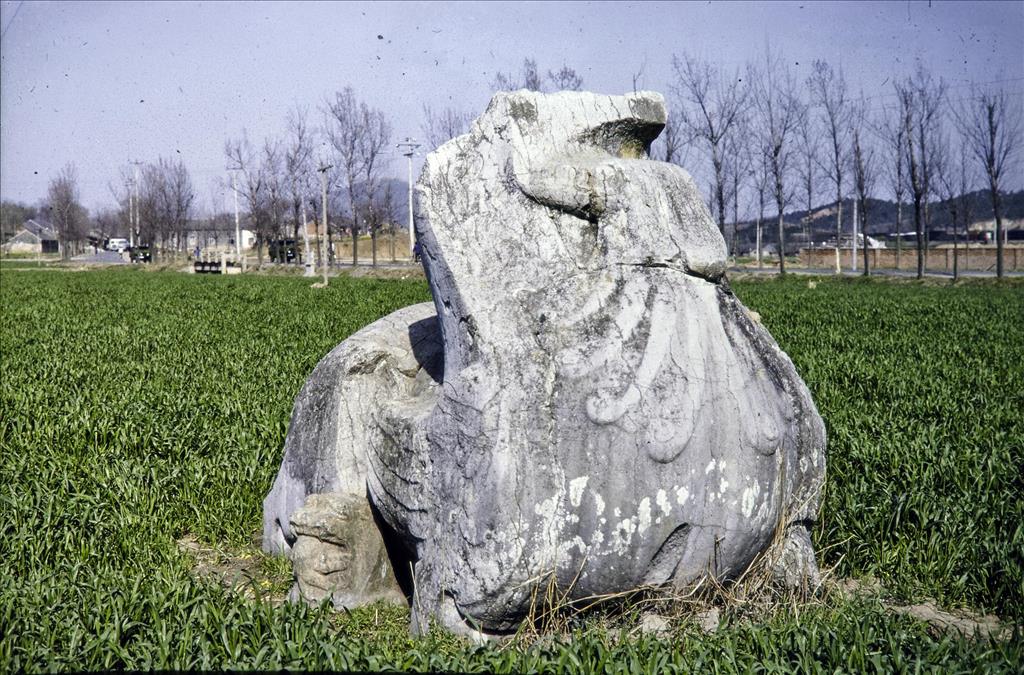 Bixie (a mythical hybrid creature), Southern Dynasties (420-589 AD), Royal Tombs, Tomb of Xiao Dan, Nanjing, Jiangsu Province, China.
