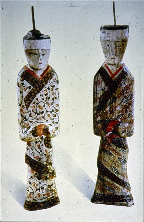 Two wooden figurines (height c. 47cm), about 2nd century BC, Western Han Dynasty (206 BC-9 AD), Mawangdui, Changsha, Hunan Province, China.