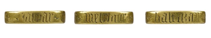 3 views of a gold ring with inscription reading CASPAR, MELCHIOR, BALTAZAR