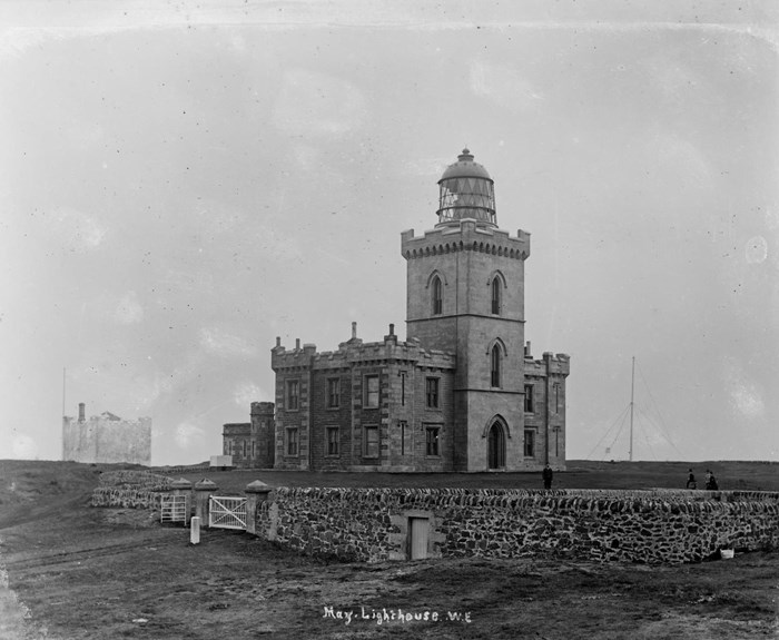 Black and white photograph of the Isle of May lighthouse, taken in the early 20th century.