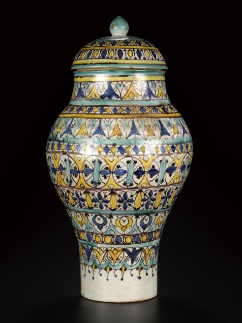 Jar (khabiya) for storing olives, painted in polychrome colours on an opaque white glaze, probably Fez, c1850-1886.