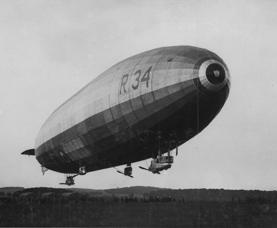Airship just above the ground.