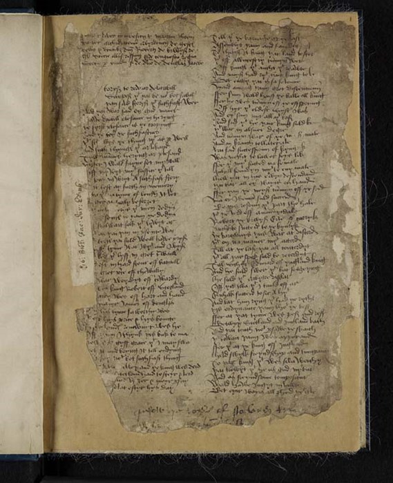 Medieval manuscript page, badly frayed at the edges, with two columns of cursive Scots script.