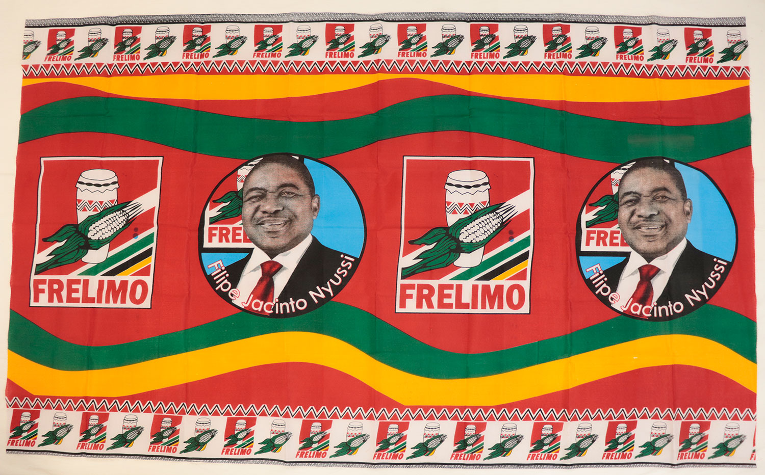 Capulana printed to celebrate Filipe Jacinto Nyussi, fourth FRELIMO president of Mozambique: Africa, East Africa, Mozambique, Maputo, 2018.