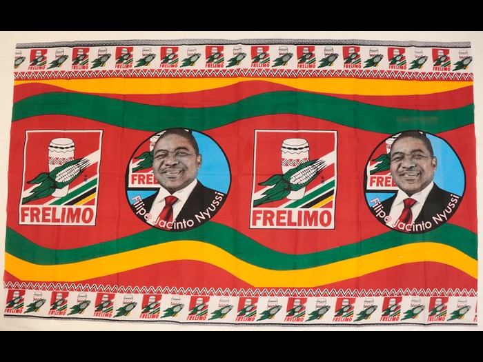 Capulana printed to celebrate Filipe Jacinto Nyussi, fourth FRELIMO president of Mozambique: Africa, East Africa, Mozambique, Maputo, 2018.