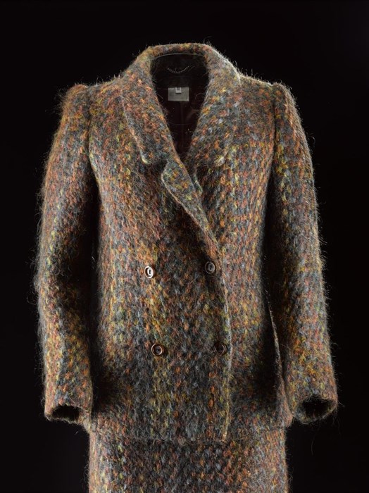 Woman's suit in wool and mohair tweed in yellow, green, blue-grey, dark blue, orange, red and medium and dark brown, fabric designed by Bernat Klein