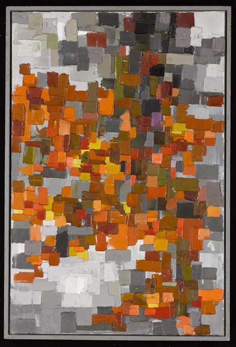 Oil painting entitled 'Autumn Trees', an abstract image made up of overlapping squares and rectangles in shades of grey, brown, orange and red with some yellow and one purple square. The painting is signed 'BK 64'. © Bernat Klein.