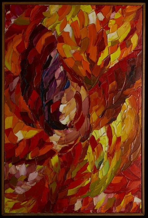 Oil painting entitled 'Tulip', an abstract image of a tulip made up of wide overlapping strokes in shades of orange, red, yellow, purple, green, white, pink and blue. The painting is signed on the back in handwritten ink 'Bernat Klein '62'. © Bernat Klein.