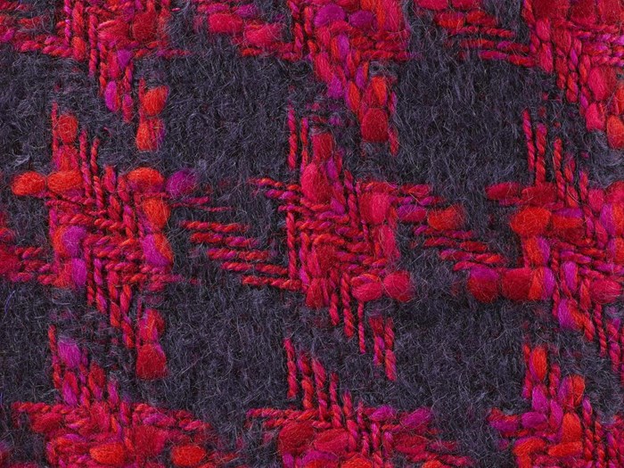 Sample of woven houndstooth mohair tweed entitled Shiraz, woven in brushed mohair and multiply wool slub yarns and wool and polyester yarns, in dark blue, purple, orange, pink and red