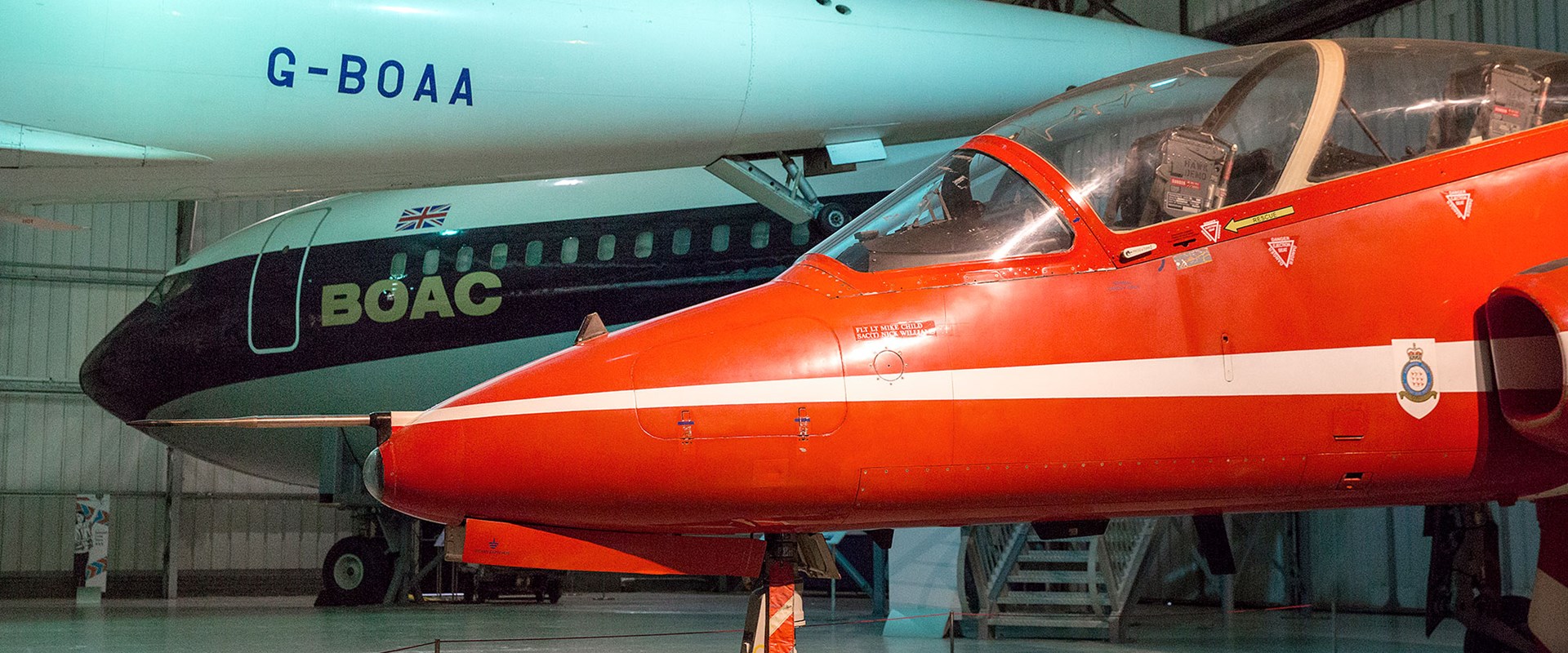 The frontend of the Red Arrows Hawk at the National Museum of Flight
