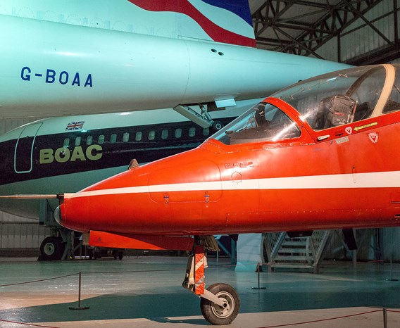 The frontend of the Red Arrows Hawk at the National Museum of Flight
