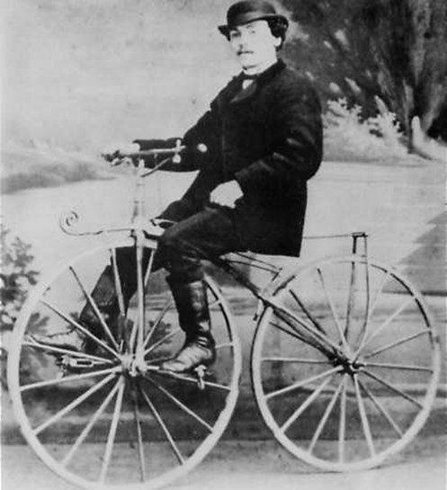 Lallement riding a vélocipède in 1870.