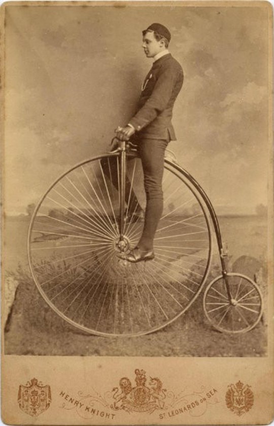 Carte-de-visite depicting a man on a penny farthing bicycle, by Henry Knight, St Leonards on Sea