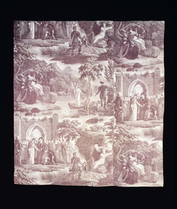 This fabric depicts scenes from Scott’s poem The Lady of the Lake printed in pink on a cream background