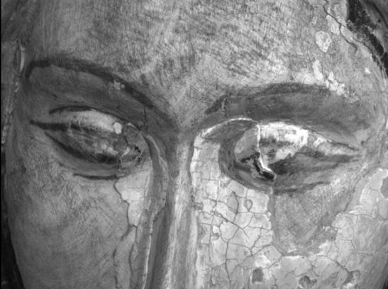 Infrared Reflectography revealing an under-drawing of the Madonna's eyes on the wooden sculpture