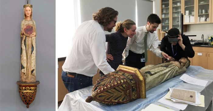 Polychrome statue of St Agnes thought to be by the Master of St Catherine of Gualino. An analysis of statue with Xavier Dectot, Diana de Bellaigue, Nat Silver, ISGM curator, and Jessica Chloros, ISGM conservator.